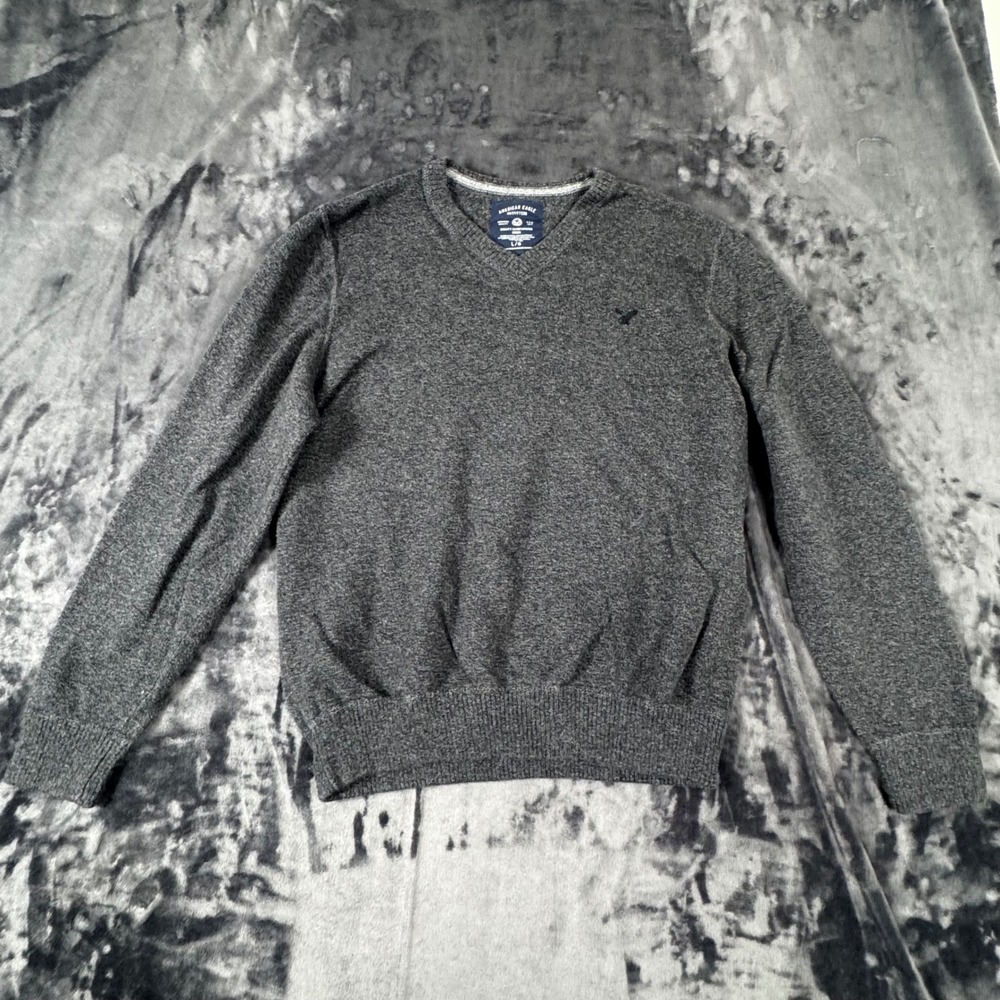 American Eagle Sweater Mens Large Gray V-Neck Cotton Knit Eagle Logo 3126‎